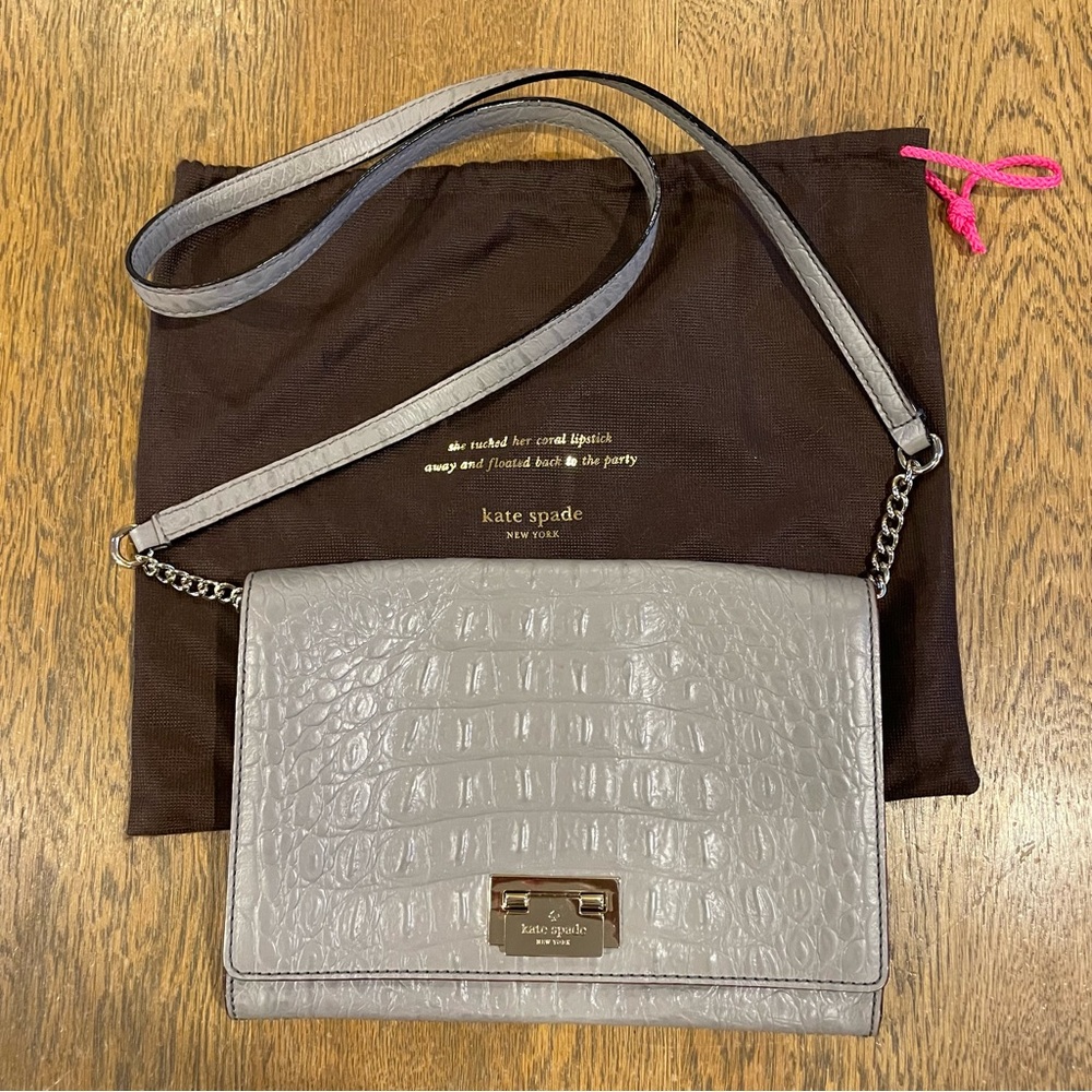 Kate Spade Harwood Place Fiona Leather Croc Embossed Crossbody Grey